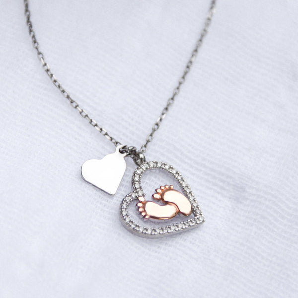 Most Unique Gift For Pregnant Wife - Baby Feet Heart Pure Silver Necklace Gift Set