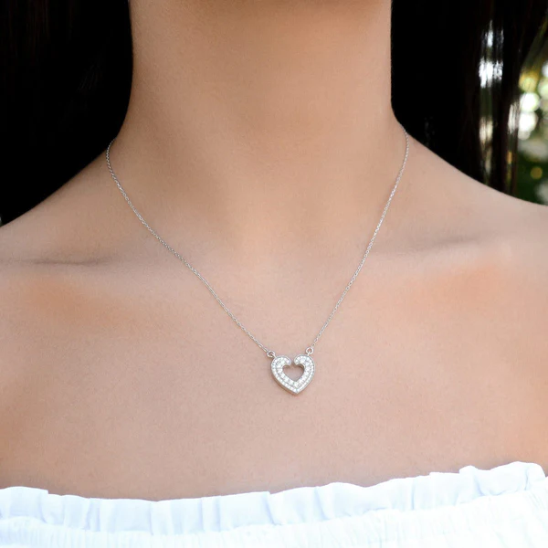 Open Heart Style Necklace - 925 Sterling Silver Pendant Set