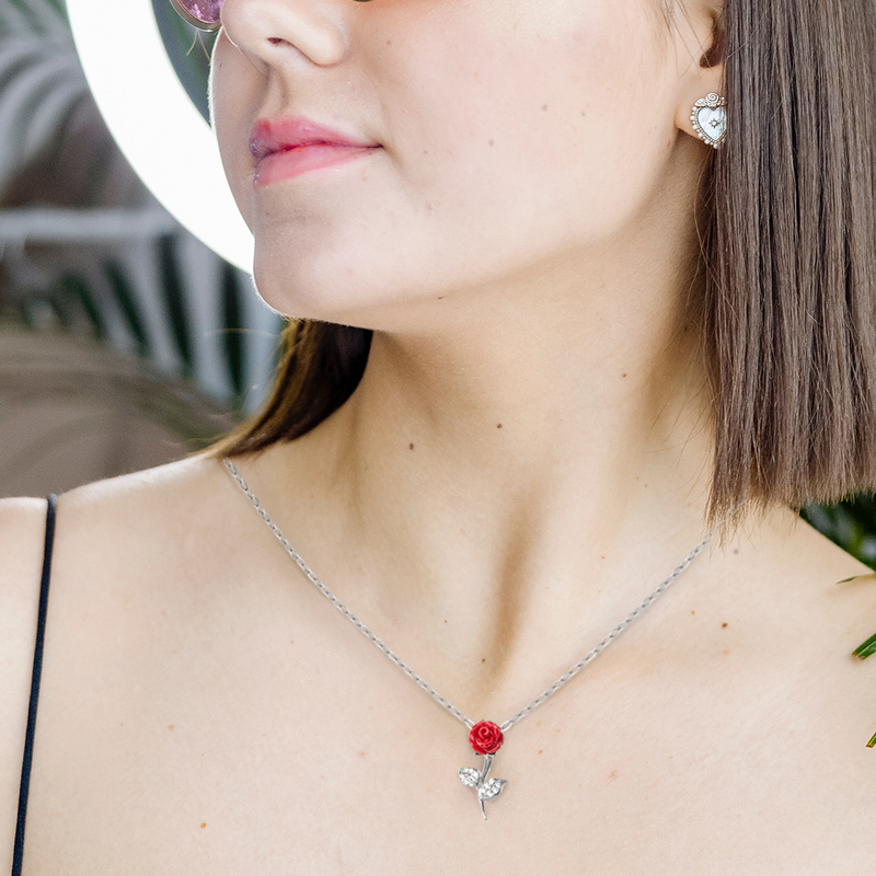 Romantic Gift For Wife On Anniversary - Pure Silver Red Rose Necklace Gift Set