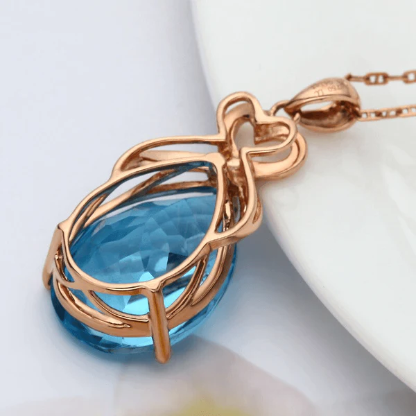 Rose Gold Blue Crystal Necklace - 925 Sterling Silver Pendant Set