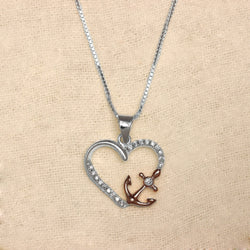 925 Sterling Silver Designer Cz Anchor Heart Shape Pendant Necklace with Chain for Women and Girls