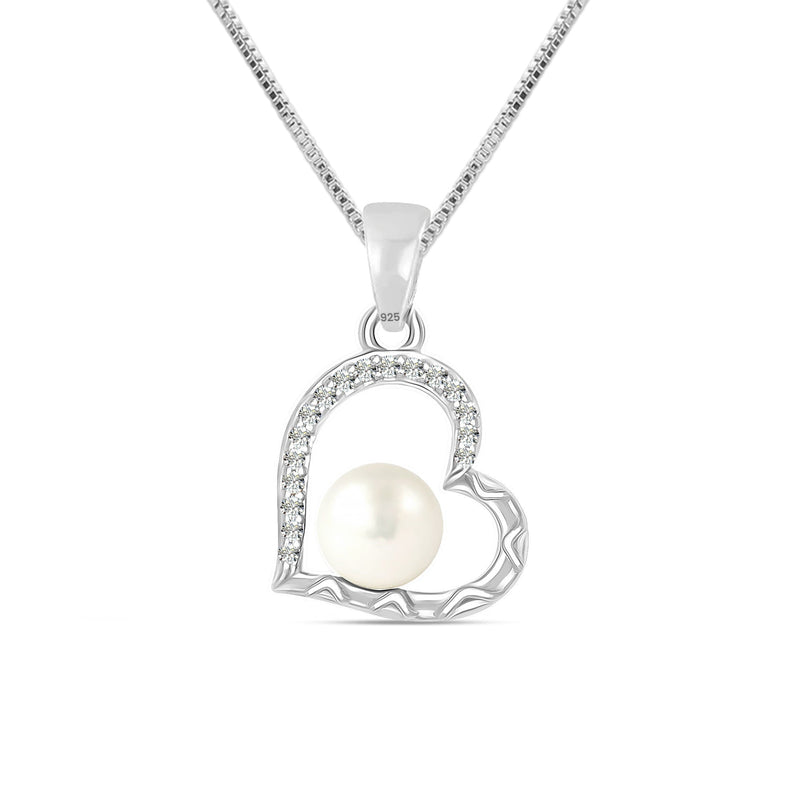 925 Sterling Silver CZ Heart Pearl Pendant Necklace for Women and Girls