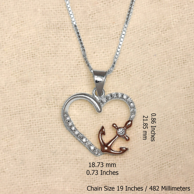 925 Sterling Silver Designer Cz Anchor Heart Shape Pendant Necklace with Chain for Women and Girls