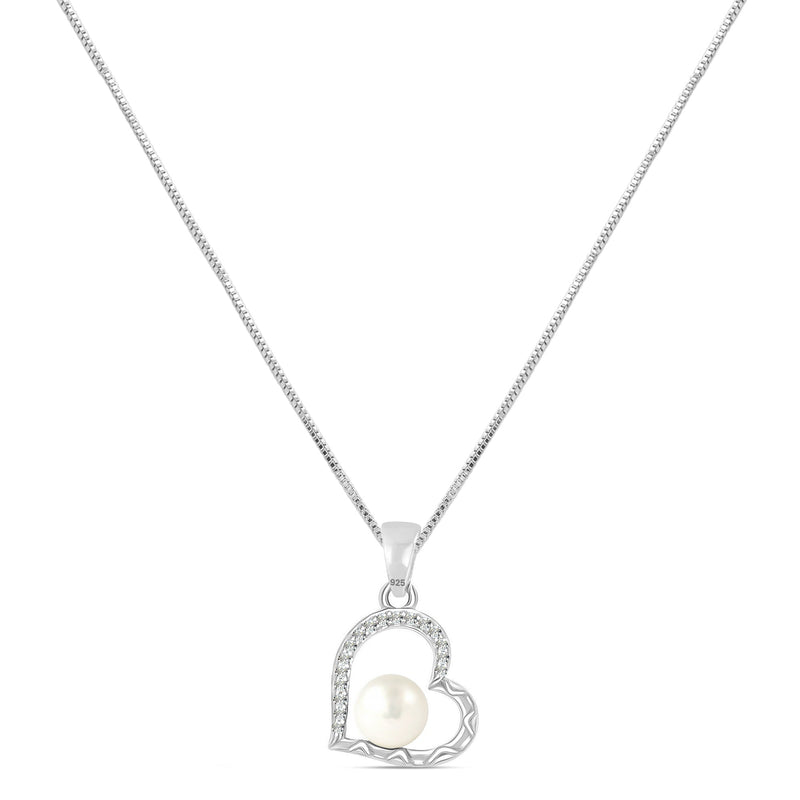 925 Sterling Silver CZ Heart Pearl Pendant Necklace for Women and Girls