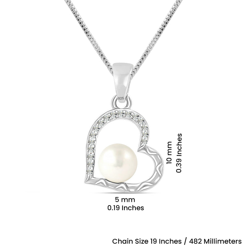 925 Sterling Silver CZ Heart Pearl Pendant Necklace for Women and Girls