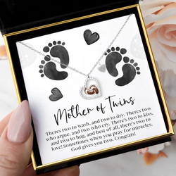 Best Gift For Mom Expecting Twins - Baby Feet Heart Pure Silver Necklace Gift Set