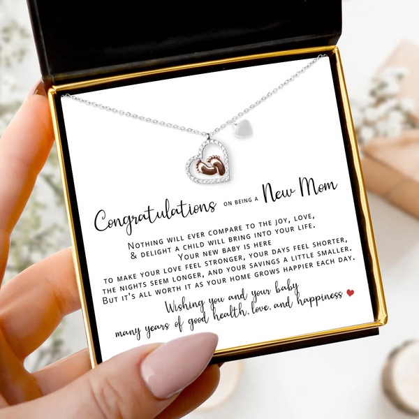 Pregnancy Congratulations Gift For Mom to be - Baby Feet Heart Pure Silver Necklace Gift Set