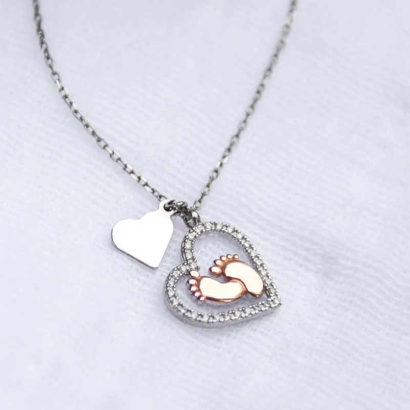 Pregnancy Congratulations Gift For Mom to be - Baby Feet Heart Pure Silver Necklace Gift Set
