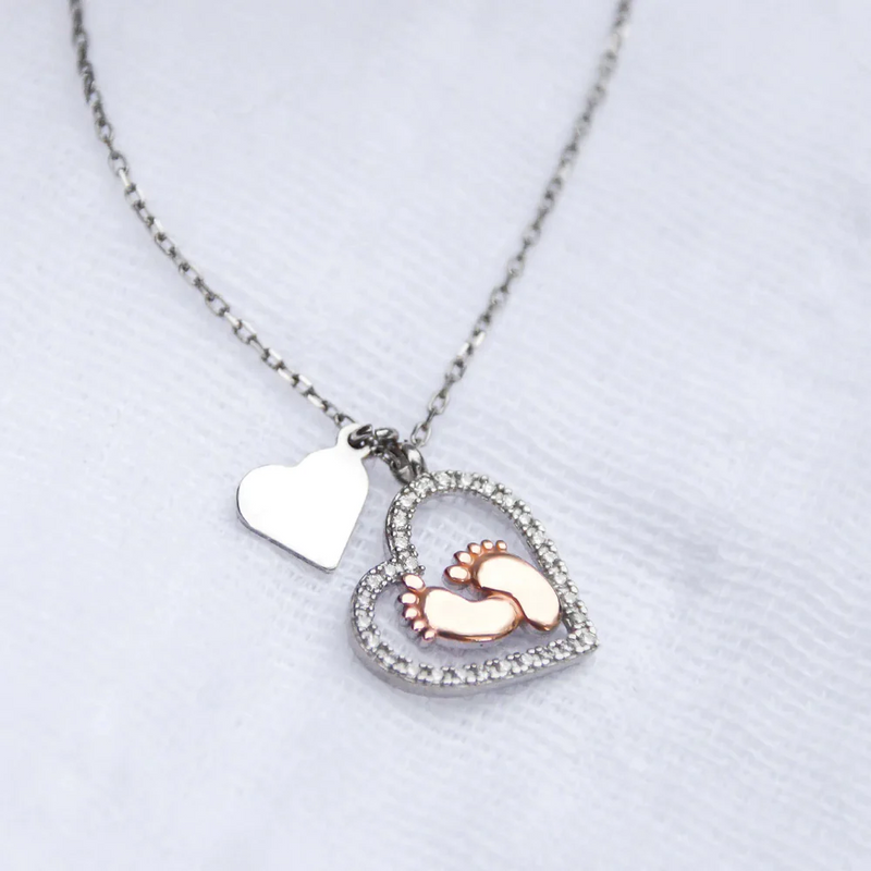 Meaningful Gift for Mom to be - Baby Feet Heart Pure Silver Necklace Gift Set