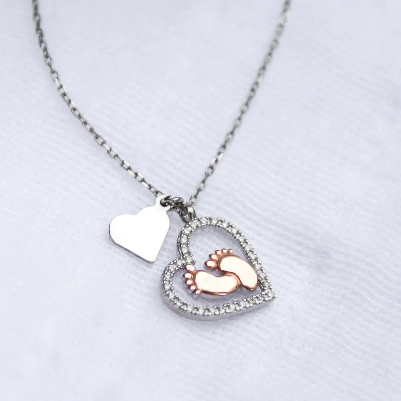 Best Gift For Mom Expecting Twins - Baby Feet Heart Pure Silver Necklace Gift Set