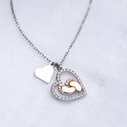 Perfect Gift for Mom to be / New Mom - Baby Feet Heart Pure Silver Necklace