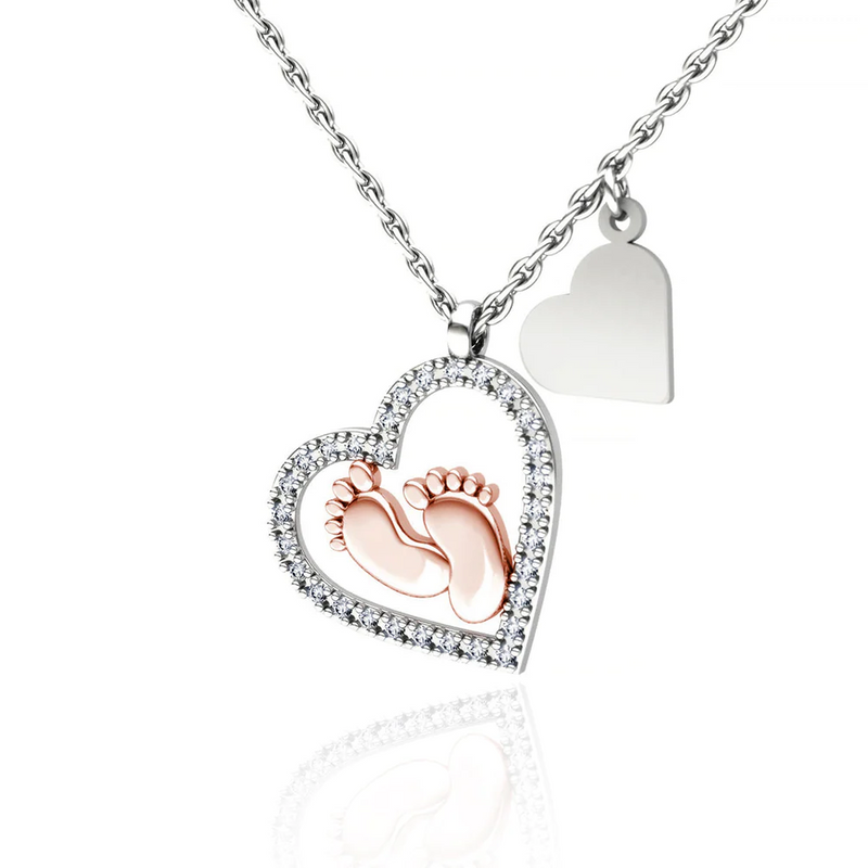 Meaningful Gift for Mom to be - Baby Feet Heart Pure Silver Necklace Gift Set