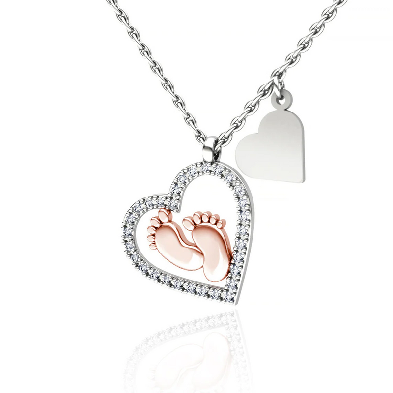 Best Gift For Mom Expecting Twins - Baby Feet Heart Pure Silver Necklace Gift Set
