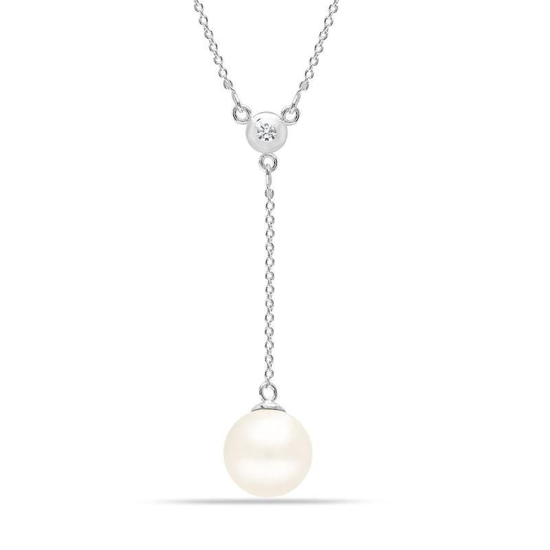 925 Sterling Silver 18K White Gold-Plated 10MM Pearl Necklace, Hypoallergenic Pearl Y-Necklace for Women
