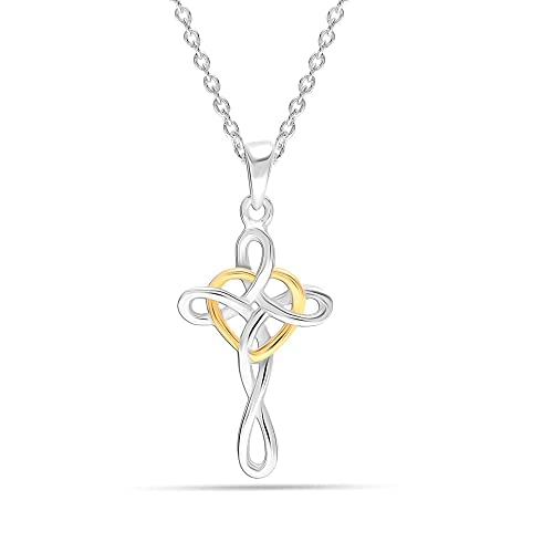 925 Sterling Silver Two-Tone Celtic Knot Cross Infinity Heart Love Pendant Necklace for Teen Women 18"