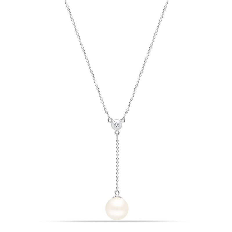 925 Sterling Silver 18K White Gold-Plated 10MM Pearl Necklace, Hypoallergenic Pearl Y-Necklace for Women