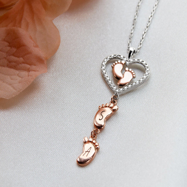 Baby Feet Heart Drop 925 Sterling Silver Necklace Gift Set | Engrave Parents' Initials