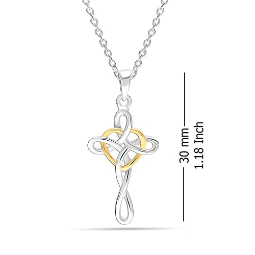 925 Sterling Silver Two-Tone Celtic Knot Cross Infinity Heart Love Pendant Necklace for Teen Women 18"