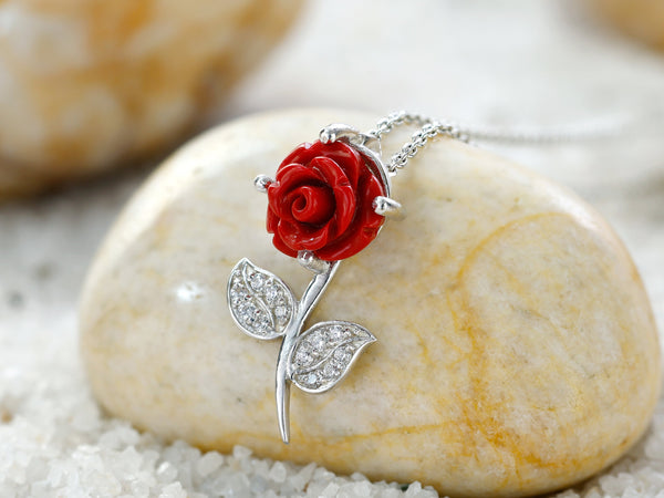 Stunning Gift For Mother 2024 - Pure Silver Red Rose Necklace Gift Set