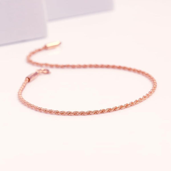 925 Sterling Silver Lightweight 1.8mm Diamond-Cut Braided Rope Chain Anklet Ankle Bracelet for Women - Rose Gold Plating