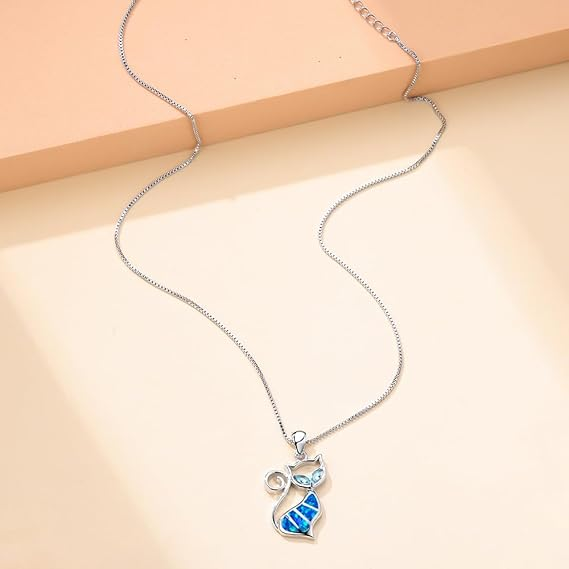 Blue Opal Cat Necklace - 925 Sterling Silver Pendant Chain Set