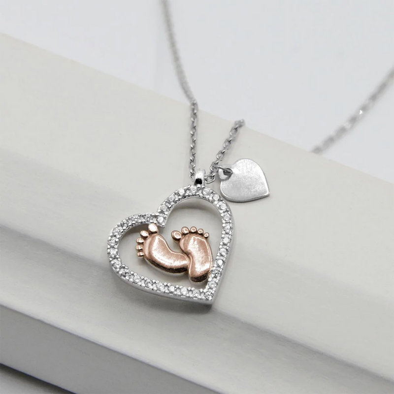 Meaningful Gift for Mom to be - Baby Feet Heart Pure Silver Necklace Gift Set