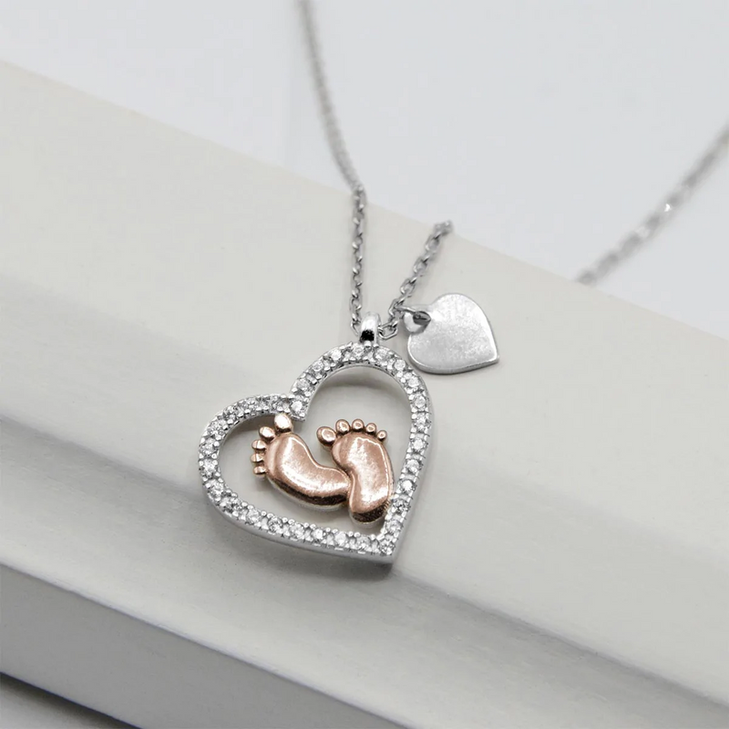 Best Gift For Mom Expecting Twins - Baby Feet Heart Pure Silver Necklace Gift Set