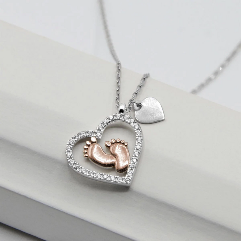 Perfect Gift for Mom to be/Pregnant Woman - Baby Feet Heart Pure Silver Necklace Gift Set