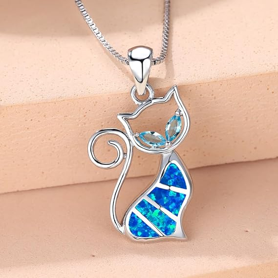 Blue Opal Cat Necklace - 925 Sterling Silver Pendant Chain Set