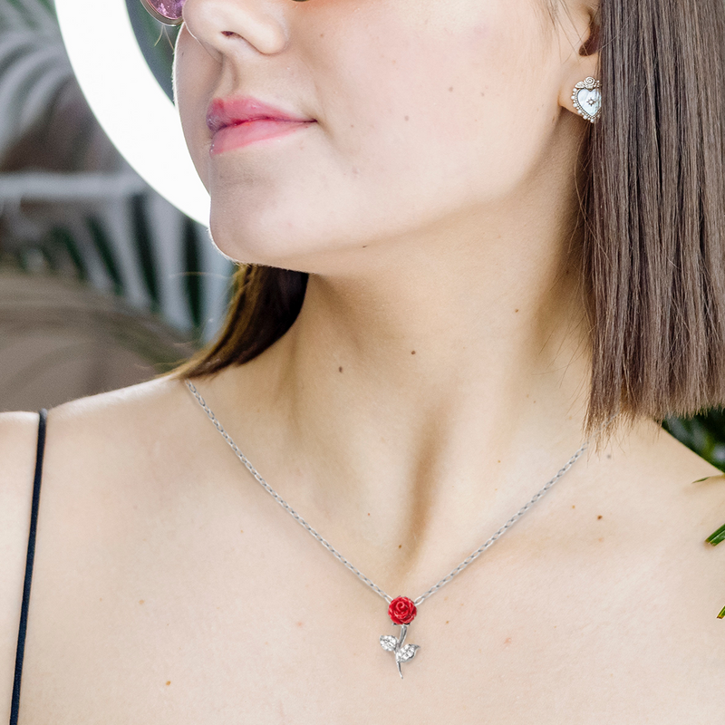 Meaningful Gift For Her - Pure Silver Red Rose Necklace Gift Set