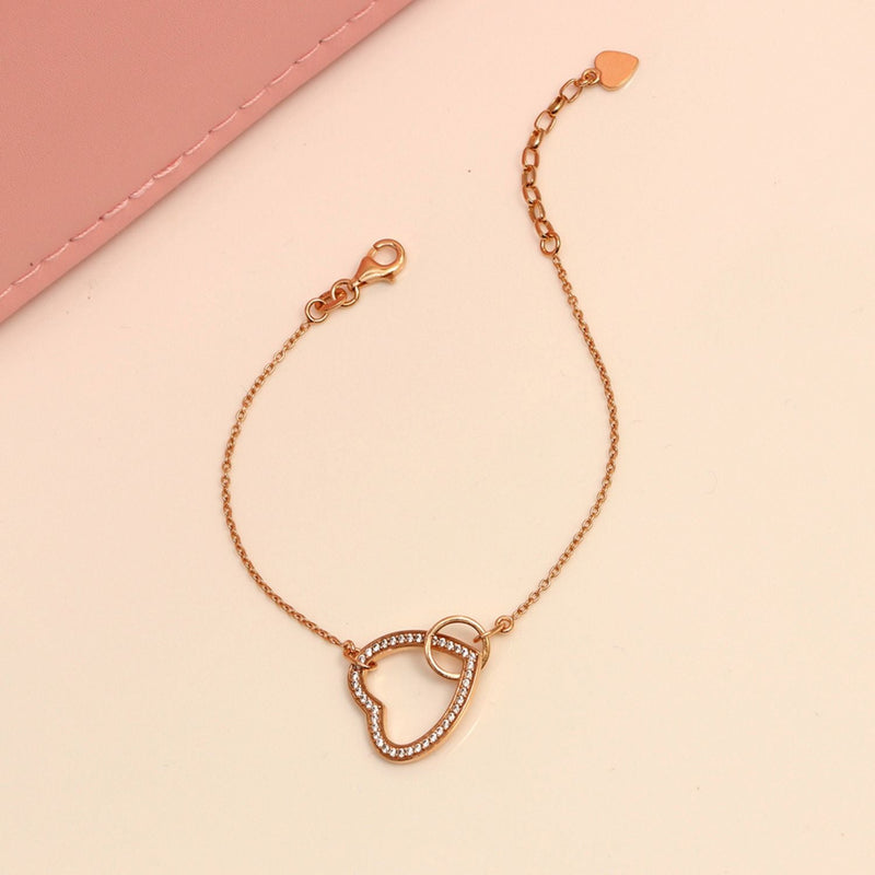 925 Sterling Silver 14K Rose Gold Plated CZ Intertwined Open Heart Circle Bracelet for Women