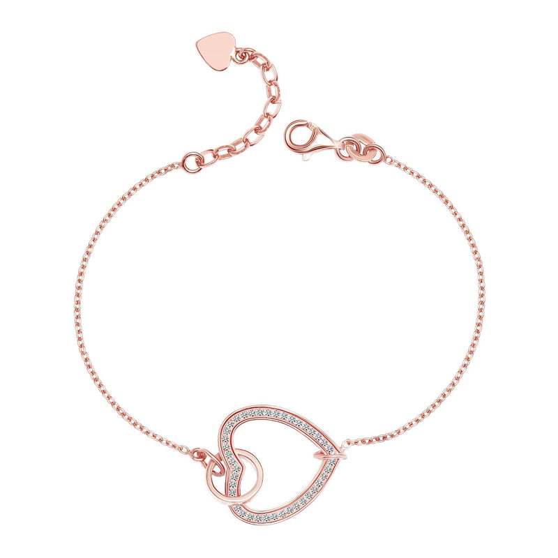 925 Sterling Silver 14K Rose Gold Plated CZ Intertwined Open Heart Circle Bracelet for Women