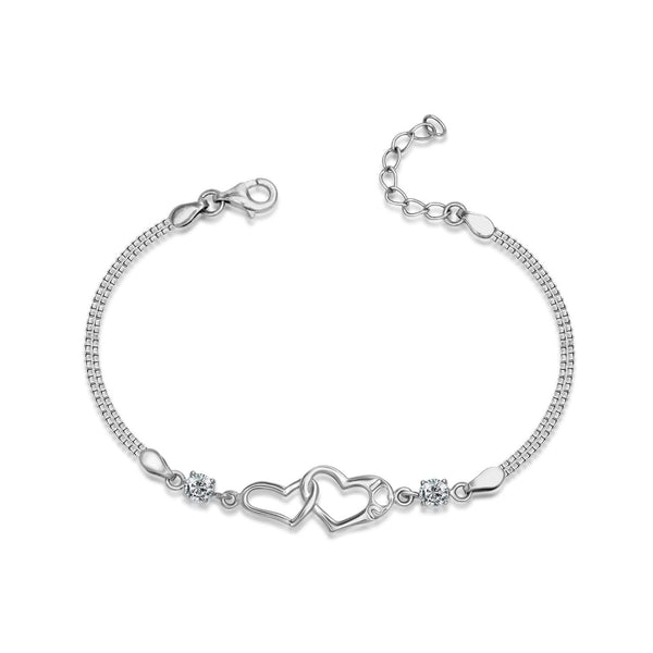 925 Sterling Silver Double Heart Love Zirconia Box Chain Bracelet for Women Teen