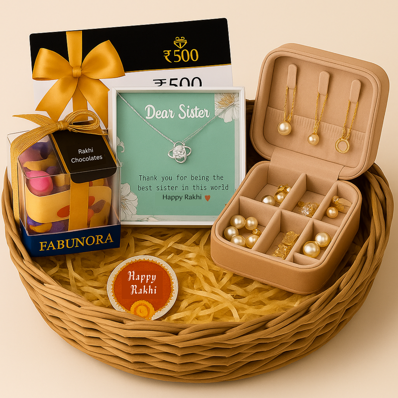 Luxury Rakhi Gift Hamper - 925 Sterling Silver Necklace + 10g Silver Coin + Chocolates + Organizer + ₹500 Gift Voucher