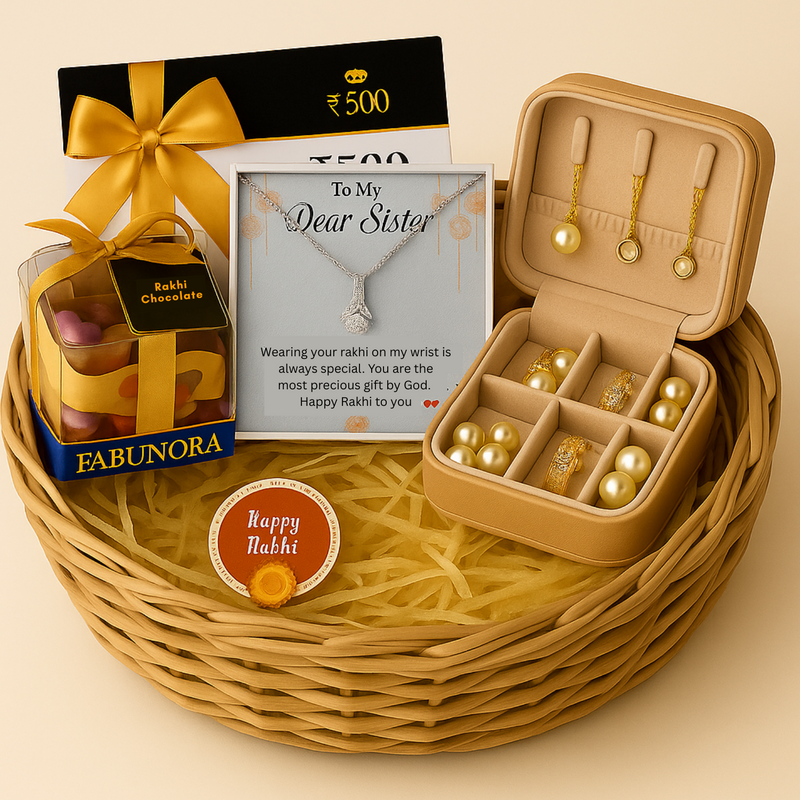 Luxury Rakhi Gift Hamper - 925 Sterling Silver Necklace + 10g Silver Coin + Chocolates + Organizer + ₹500 Gift Voucher