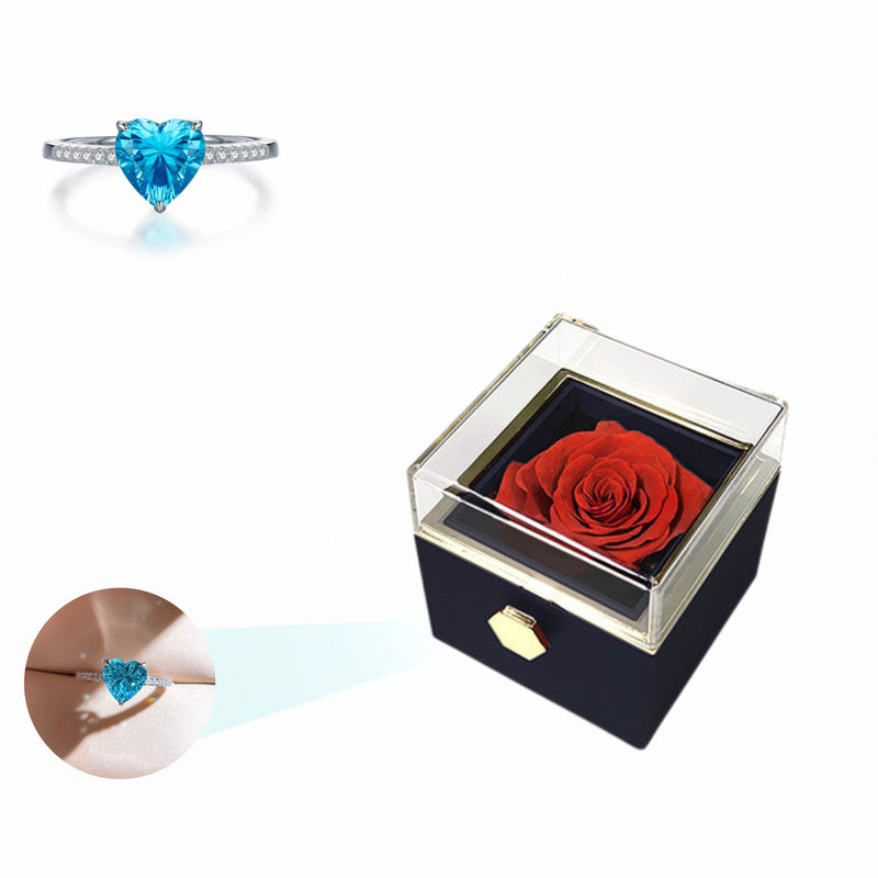 Eternal Rose Rotating Box With Blue Heart Ring Gift Set - 925 Sterling Silver Adjustable Size