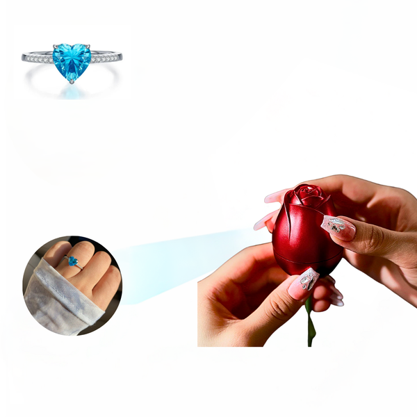 Rose Stem Box With Heart Ring Gift Set - 925 Sterling Silver Adjustable Size