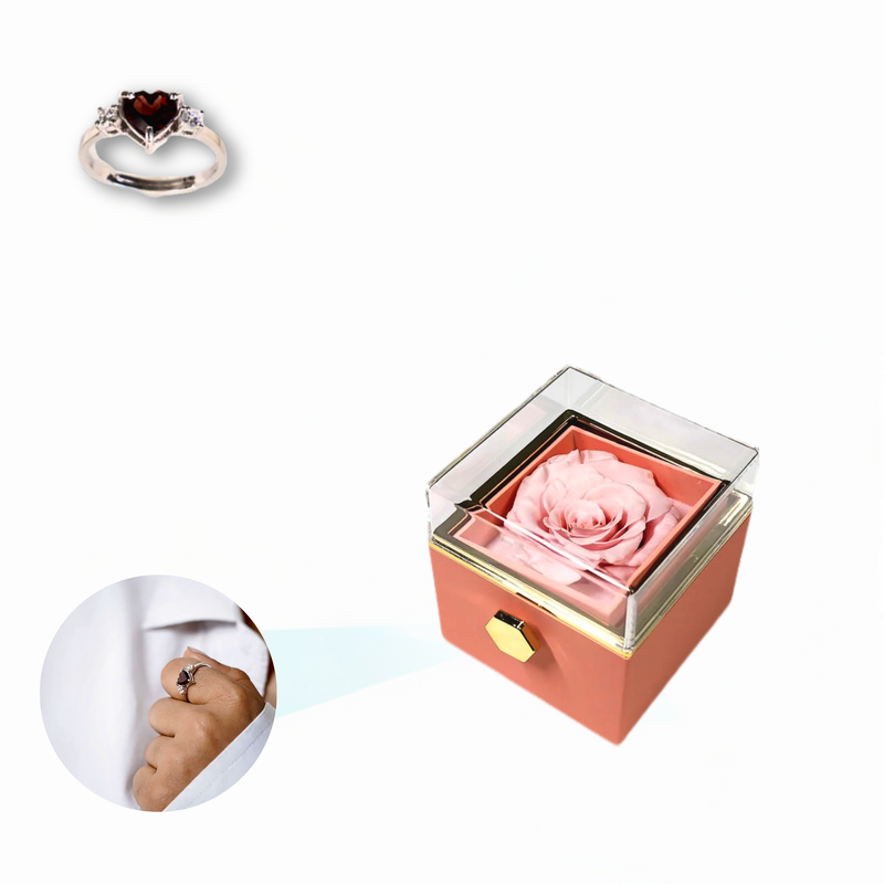 Eternal Rose Rotating Box With Heart Ring Gift Set - 925 Sterling Silver Adjustable Size