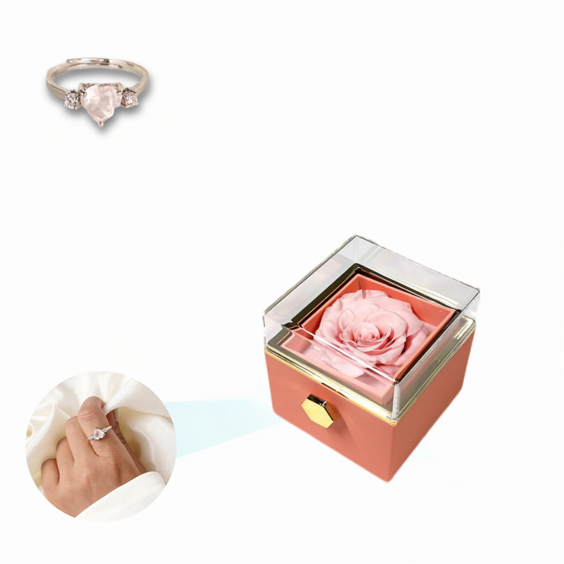Eternal Rose Rotating Box With Heart Ring Gift Set - 925 Sterling Silver Adjustable Size