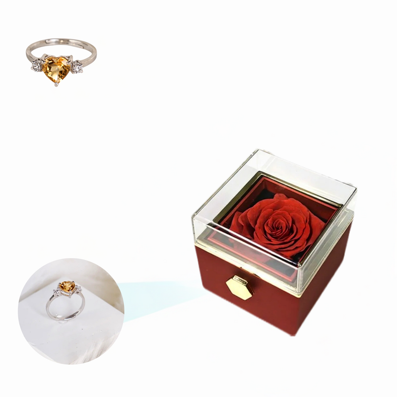 Eternal Rose Rotating Box With Heart Ring Gift Set - 925 Sterling Silver Adjustable Size
