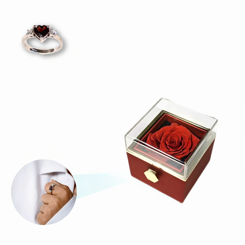 Eternal Rose Rotating Box With Heart Ring Gift Set - 925 Sterling Silver Adjustable Size