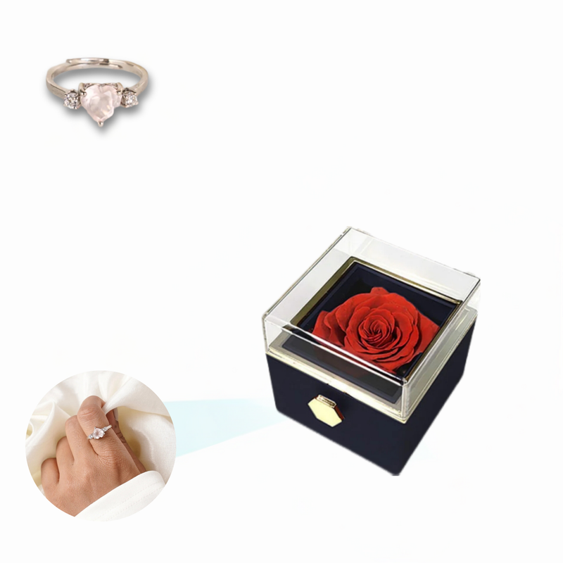 Eternal Rose Rotating Box With Heart Ring Gift Set - 925 Sterling Silver Adjustable Size