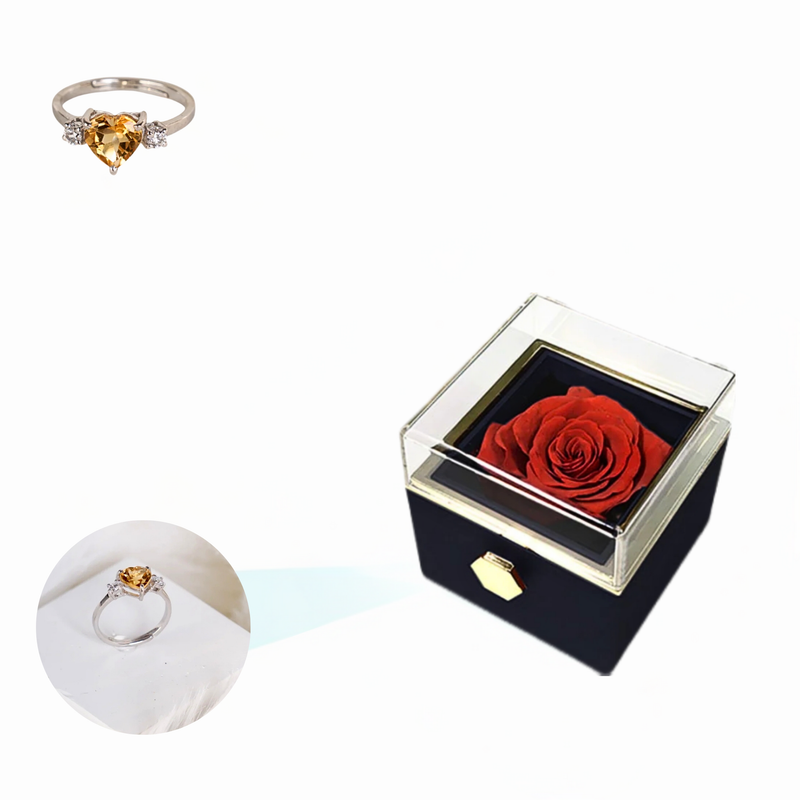Eternal Rose Rotating Box With Heart Ring Gift Set - 925 Sterling Silver Adjustable Size