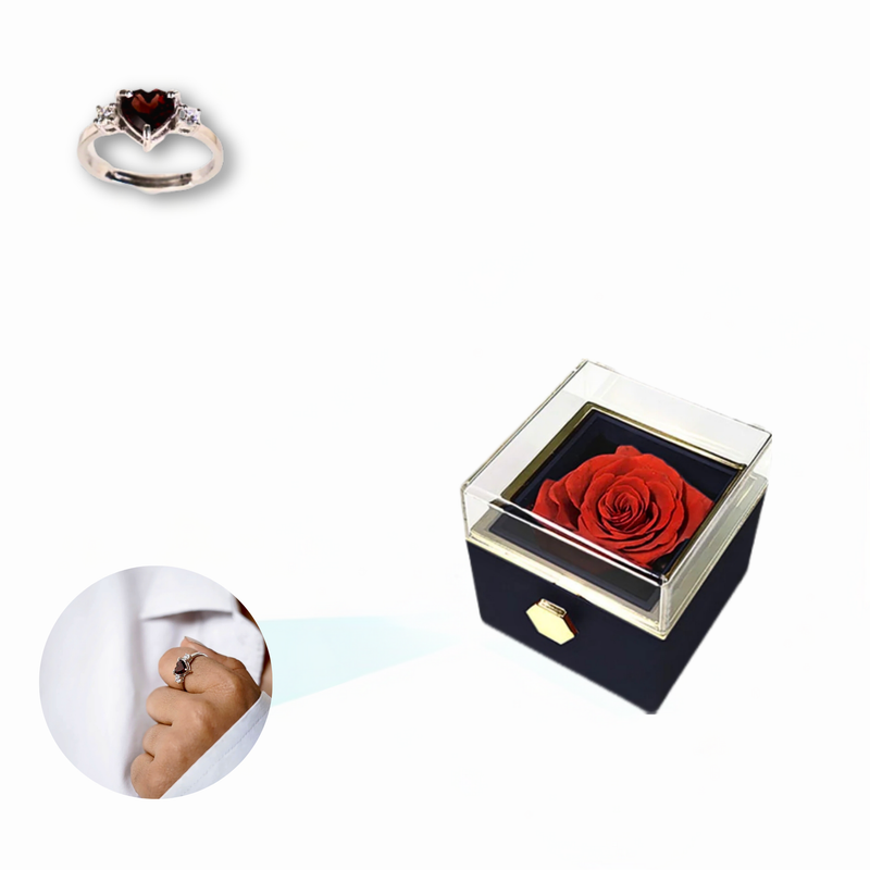 Eternal Rose Rotating Box With Heart Ring Gift Set - 925 Sterling Silver Adjustable Size