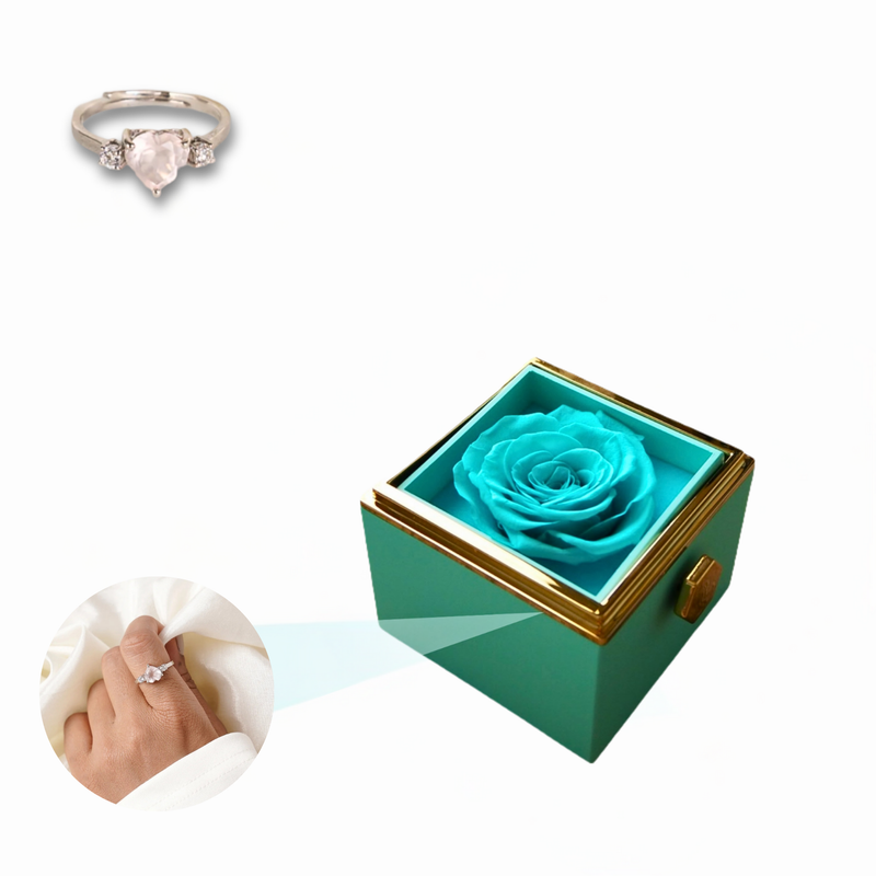 Eternal Rose Rotating Box With Heart Ring Gift Set - 925 Sterling Silver Adjustable Size