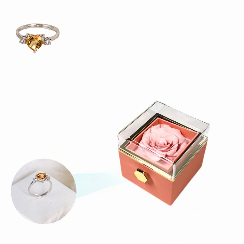 Eternal Rose Rotating Box With Heart Ring Gift Set - 925 Sterling Silver Adjustable Size