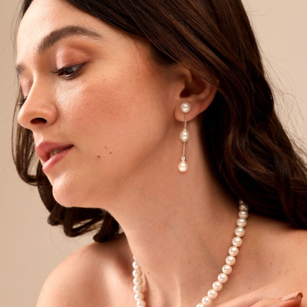 925 Sterling Silver Triple Pearl Drop Dangle Stud Earrings for Women Teen