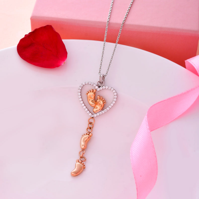 Baby Feet Heart Drop 925 Sterling Silver Necklace Gift Set | Engrave Parents' Initials