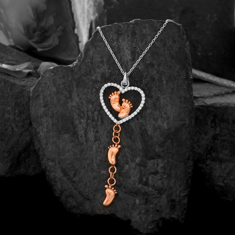 Baby Feet Heart Drop 925 Sterling Silver Necklace Gift Set | Engrave Parents' Initials