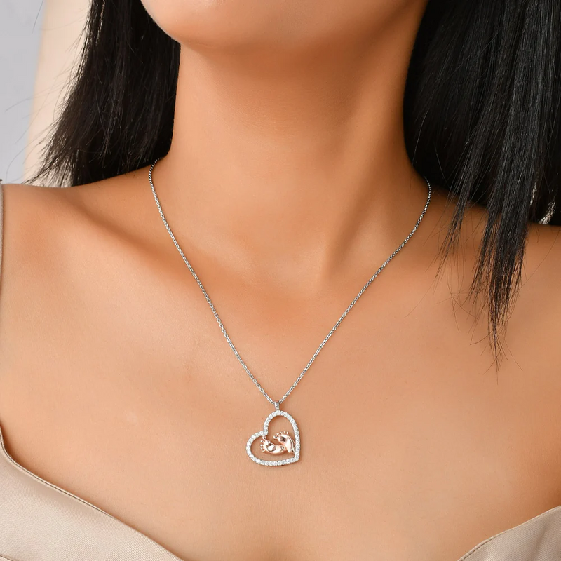 Perfect Gift for Pregnant Woman - Baby Feet Heart Pure Silver Necklace Gift Set